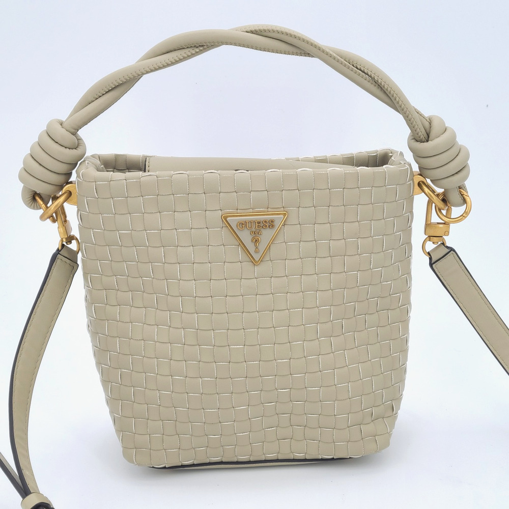 GUESS‎ Lisbet Woven Bucket Bag Small Beige Shoulder Handbag Gold Hardware